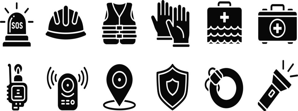 Set of 12 Safety and Emergency Icons Featuring First Aid, Warning Signals, Protective Gear, and Communication Tools