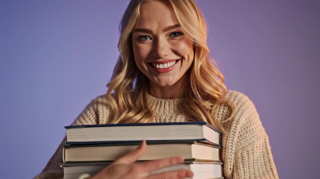 This features a young college student holding a stack of books in front of a purple background. The student appears happy and engaged, making this suitable for educational or promotional content.