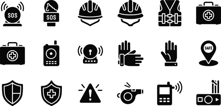 Set of 16 Emergency and Safety Icons Featuring First Aid, Protective Gear, Alarms, and Communication Tools for Workplace Safety