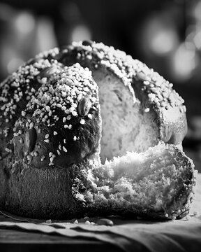 Traditional colomba cake with sugar topping in black and white