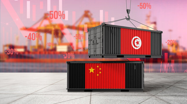 Global Trade Tension: Two shipping containers, one emblazoned with the flag of China, and the other with Tunisia's flag, stand as symbols of global trade.