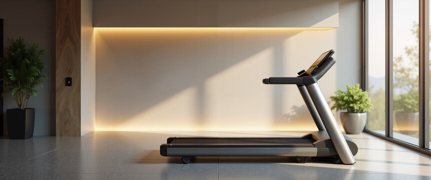 Empty hotel gym with a treadmill and natural light near windows  