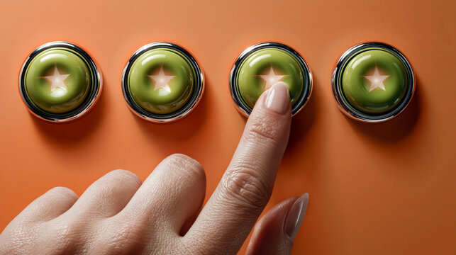 Womans hand with a pointed index finger poised over 4 green circular shiny plastic illuminated buttons, customer feedback/satifaction response