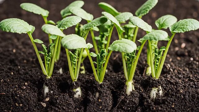 Closeup of young radish sprouts emerging from dark soil showcasing new life and growth.