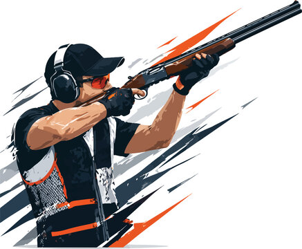 Man aiming shotgun at clay pigeon shooting sport target