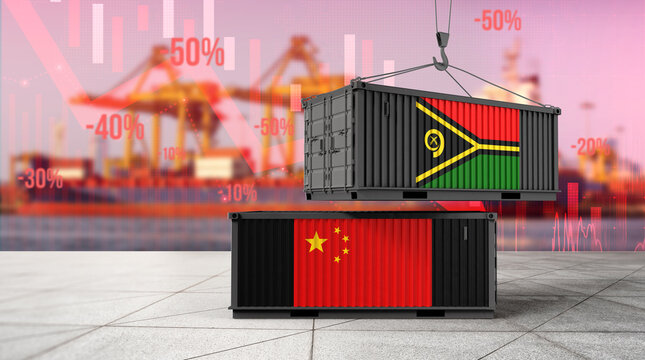 Trade Imbalance: Two shipping containers, one emblazoned with the Vanuatu flag and the other with the flag of China.