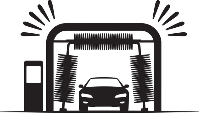 Car wash illustration with automated cleaning brushes and a vehicle inside a tunnel structure
