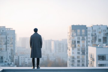 Fototapeta premium Architect on rooftop observing urban residential construction
