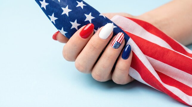 A hand with patriotic nail art holds a folded American flag. The nails are painted in red, white, and blue colors, showcasing a festive theme.