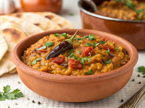 Baingan bharta with smoky texture, rustic clay bowl