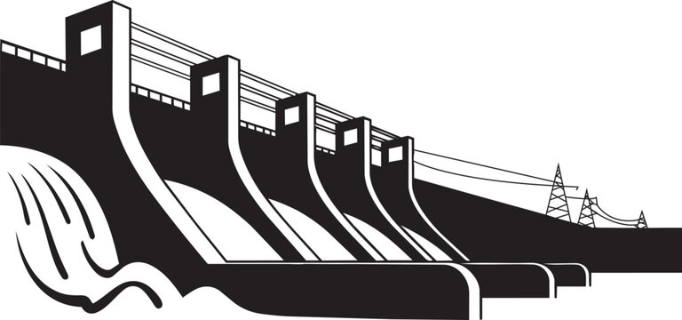 Hydroelectric dam vector illustration with flowing water and power lines for renewable energy