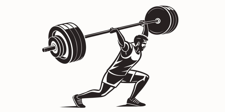 Professional male weightlifting athlete executing a clean and jerk movement with heavy barbell isolated on white background weightlifting exercise strength bodybuilding powerlifting silhouette