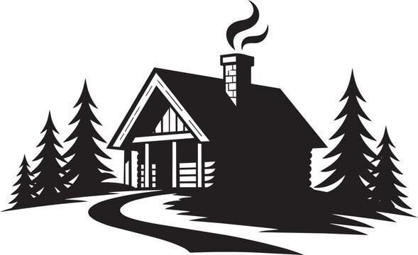 Log cabin with chimney smoke pine trees on a winding road monochromatic illustration with cozy