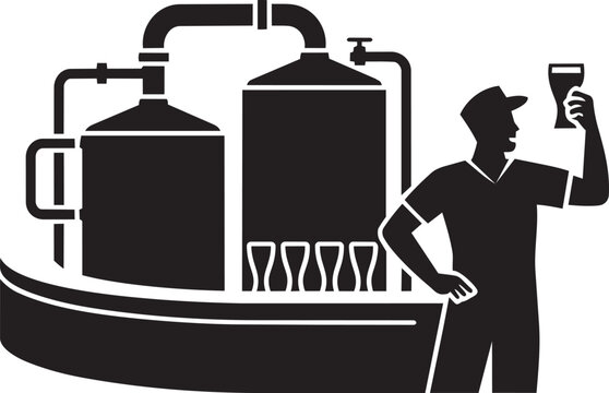 Man brewer tasting craft beer with brewing tanks and glasses flat black white vector with minimalist