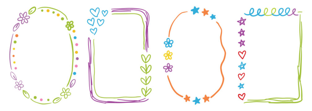 Hand drawn doodle border frame set. Colorful dotted ovals, purple rectangles with hearts, orange floral stars, loopy edge boxes. For playful kids party invitations. Vector graphic.