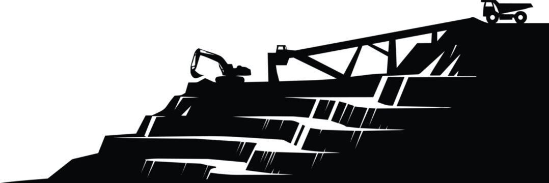 Open pit mine quarry silhouette vector illustration with excavator and dump truck on tiered soil