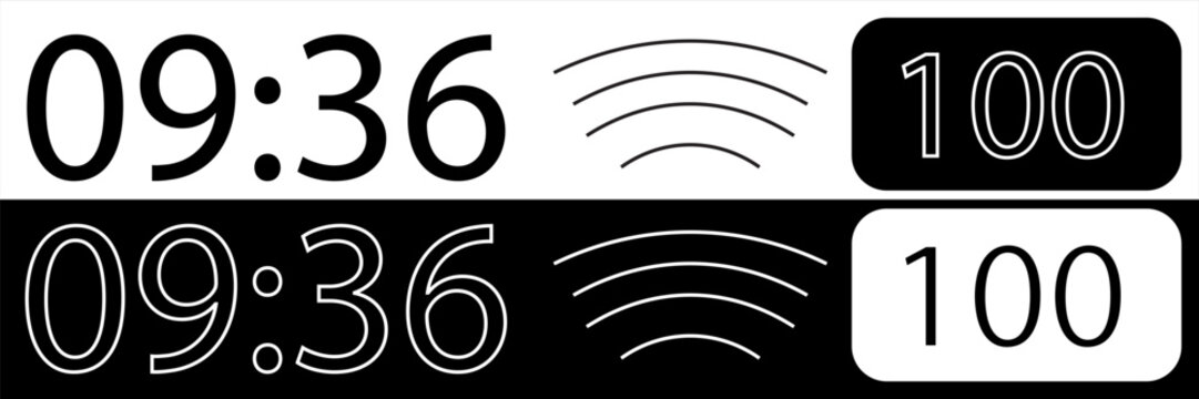 iPhone user interface icons, clock, WiFi signal, battery. Black and white icon set of mobile phone UI vector illustrations.