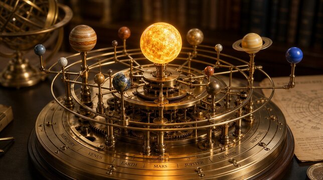orrery. Orrery mechanism with planets orbiting a central star, a brass astronomical instrument model. STEM education sheets, lab safety posters, designed for biotech research communications.