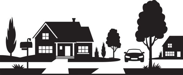 Residential neighborhood street with houses a car trees and mailbox black white minimalist © Laila