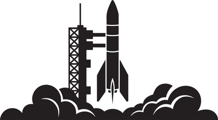 Rocket launching from pad with smoke clouds and detailed launch tower illustration with blast off © Laila