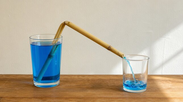 siphon. Hollow reed demonstrating siphon principle with water flowing through. STEM education sheets, lab safety posters, designed for STEM education and laboratory safety posters.