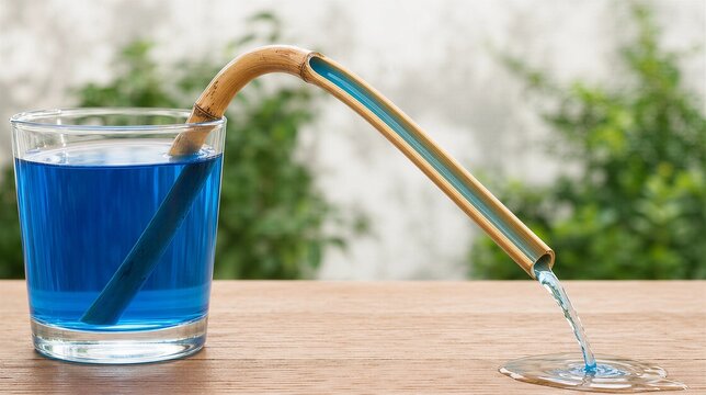 siphon. Hollow reed demonstrating siphon principle with water flowing through. STEM education sheets, lab safety posters, designed for STEM education and laboratory safety posters.