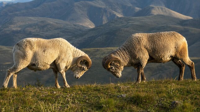contenders. Two rams facing off on a grassy hillside before a clash. wildlife magazines, conservation campaigns, designed for wildlife conservation campaigns, used by government communicators.
