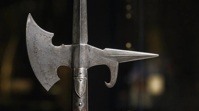 polearm. A medieval halberd with axe blade and spear point, displayed in museum lighting. event programs, museum guides, designed for cultural heritage projects and event programs.