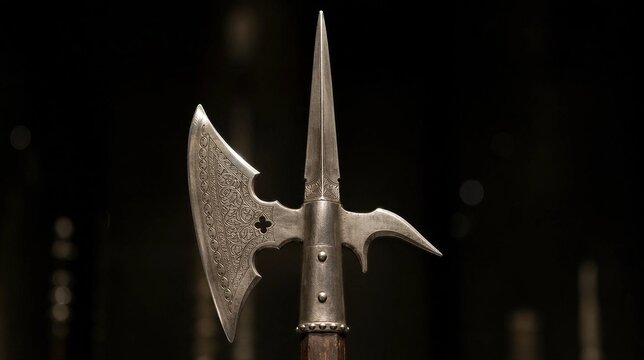 polearm. A medieval halberd with axe blade and spear point, displayed in museum lighting. event programs, museum guides, designed for cultural heritage projects and event programs.