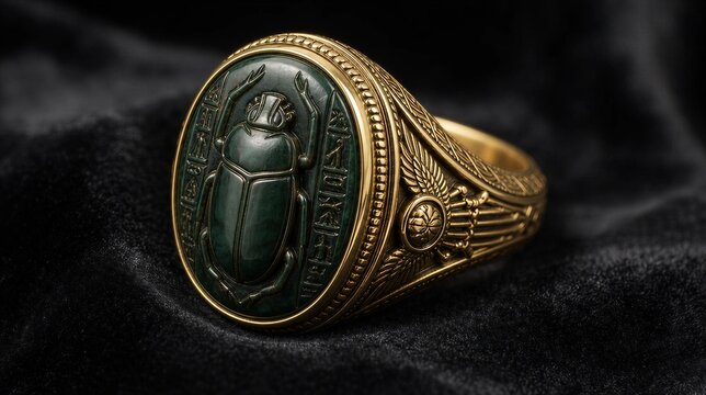 khepri. Ornate scarab beetle gemstone seal ring on black velvet with detailed carving. wildlife magazines, conservation campaigns, designed for eco-tourism storytelling, used by recruiters.