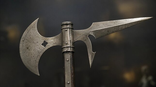 polearm. A medieval halberd with axe blade and spear point, displayed in museum lighting. event programs, museum guides, designed for cultural heritage projects and event programs.
