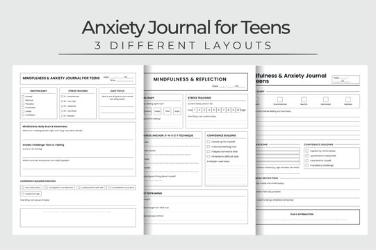 Anxiety Journal for Teens Vector Illustration Printable Mental Health Planner with Mindfulness Stress Tracking and Confidence Building Exercises