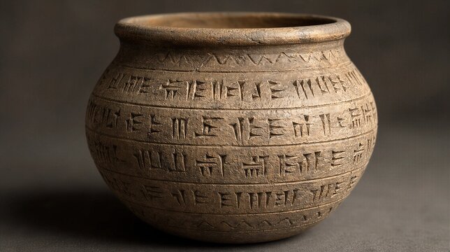 flagon. Ancient ceramic pot with intricate cuneiform-like etched patterns. event programs, museum guides, designed for cultural heritage projects and event programs.