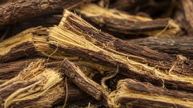 licorice. Textural detail of fibrous licorice root with interwoven brown and yellow patterns. gardening catalogs, home-decor guides, designed for gardening and botanical catalogs, celebrates nature.