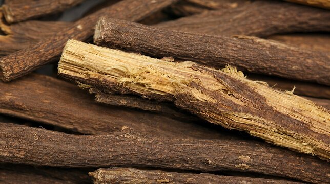 licorice. Textural detail of fibrous licorice root with interwoven brown and yellow patterns. gardening catalogs, home-decor guides, designed for gardening and botanical catalogs, celebrates nature.