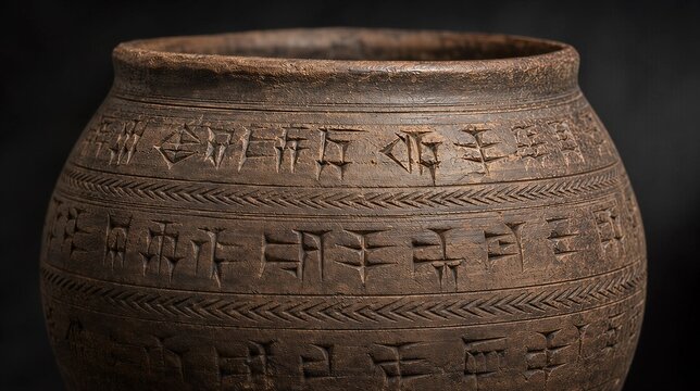 flagon. Ancient ceramic pot with intricate cuneiform-like etched patterns. event programs, museum guides, designed for cultural heritage projects and event programs.