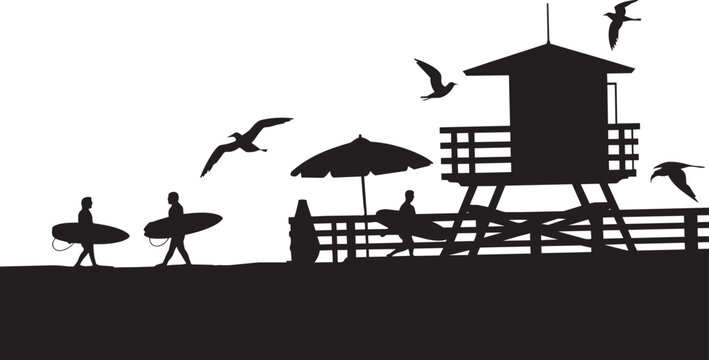 Surfers with boards near lifeguard tower vector illustration silhouette with seagulls at beach