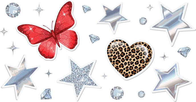 Sparkling sticker vector set featuring red glitter butterfly leopard print heart holographic stars and diamonds isolated on white background.