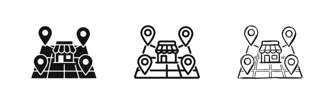 Retail Shop Location Map and Business Franchise Network Icon Set with Store and Map Pins