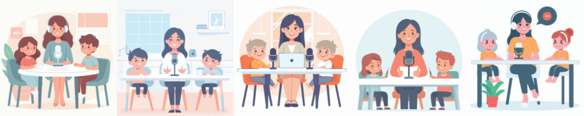 Fototapeta premium vector of woman and child doing podcast