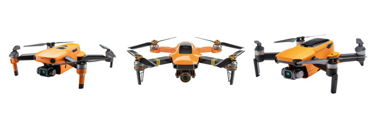 Naklejka premium Set of solid state orange DJI Mavic drone hovering in a studio setu on transparent png background. Ai generated