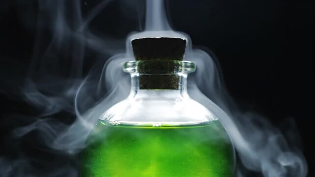 Close-up shot of a round glass bottle filled with glowing green liquid and a cork stopper on a black background for alchemy magic or fantasy concept