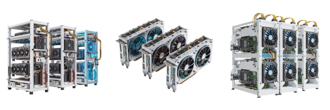 Set of Close-up of a modern cryptocurrency mining rig with multiple GPUs, detailed circuitry and glowing LED lights on transparent png background. Ai generated