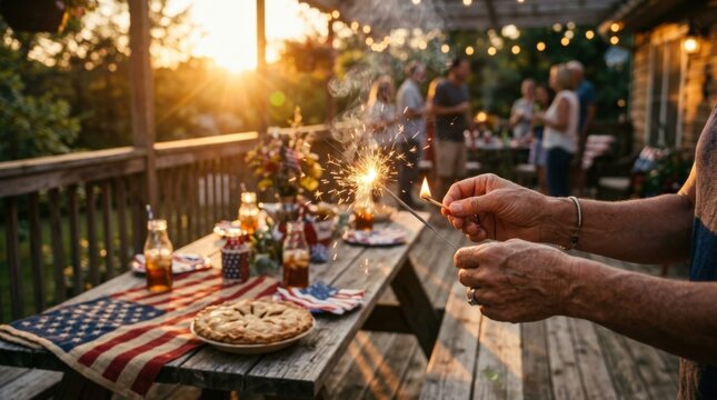Lighting a sparkler at an outdoor patriotic summer celebration dinner