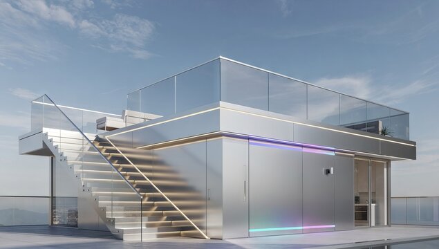 Modern Minimalist Rooftop Terrace with Glass Railings and Staircase.