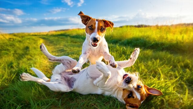 Two Jack Russell Terrier Dogs Playing Joyfully in Sunny Field