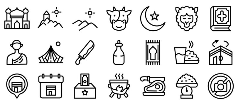 Eid al Adha  and Hajj Outline Icons Collection.Vector illustration