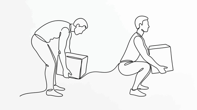 Continuous line drawing of man lifting box properly versus incorrectly.