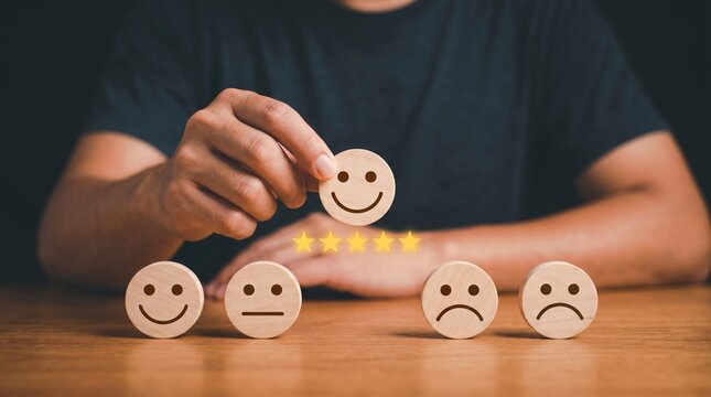 Customer satisfaction rating with smiley faces and stars