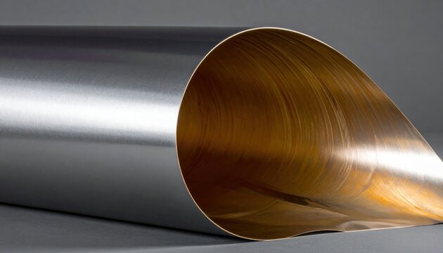 A shiny malleable metal sheet with a smooth curved surface and warm golden reflection on a neutral gray background.